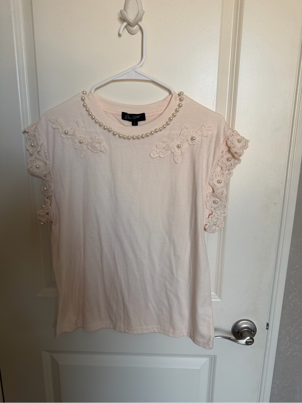 Lace-Trim Pearl Neck Short Sleeve Top - Beige
